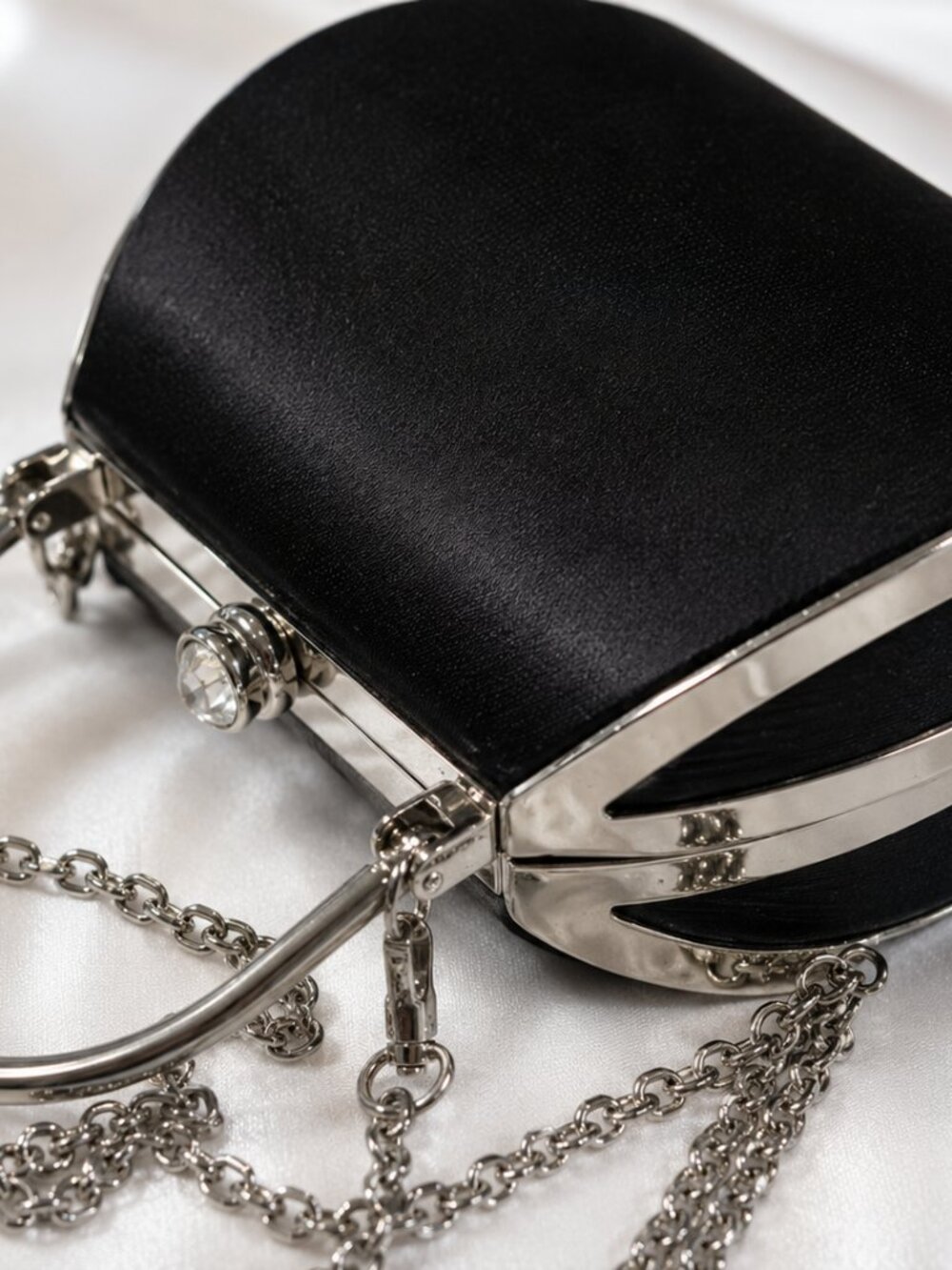 Vintage Black Satin Evening Bag Silver Frame Rhinestone Clasp Formal